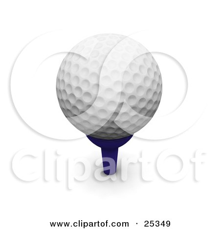 Clipart Illustration of a Dimpled White Golf Ball Resting On Top Of A Blue Tee by KJ Pargeter