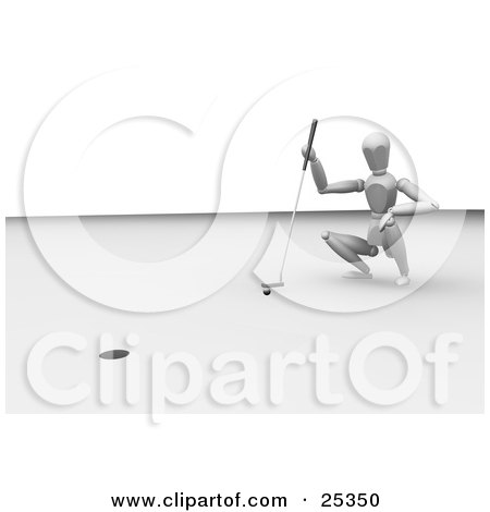 Clipart Illustration of a Golfing White Figure Character Crouching To Aim For The Hole by KJ Pargeter