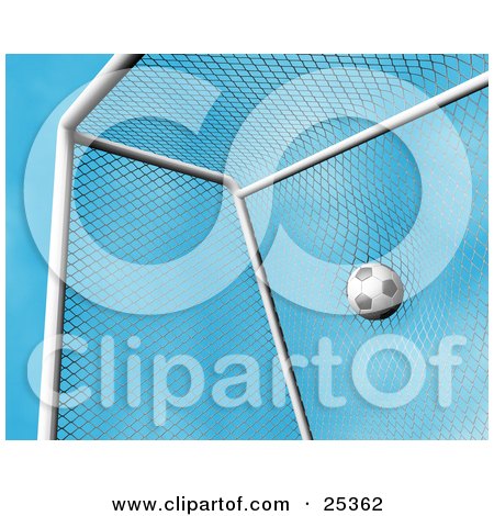 Clipart Illustration of a Black And White Soccer Ball Hitting The Goal Net During A Game by KJ Pargeter