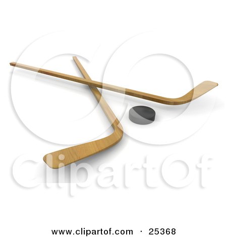 Clipart Illustration of Two Wooden Hockey Sticks Crossed By A Black Puck by KJ Pargeter