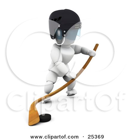 Clipart Illustration of a White Character Pushing A Puck Along The Ice With A Hockey Stick by KJ Pargeter