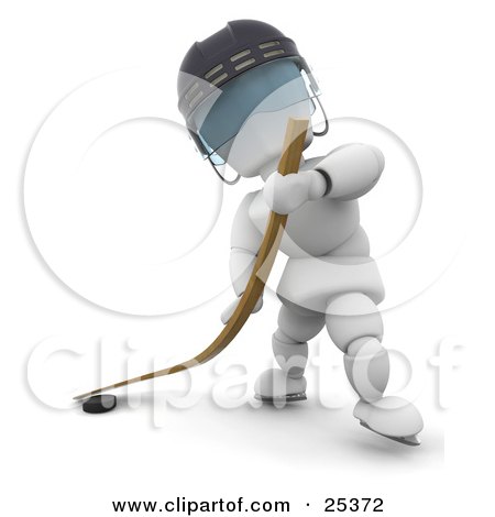 Clipart Illustration of a White Character Wearing A Helmet Hitting A Puck With A Hockey Stick During A Game by KJ Pargeter