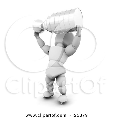 Clipart Illustration of a Successful White Character Proudly Holding Up His Silver Trophy Cup by KJ Pargeter
