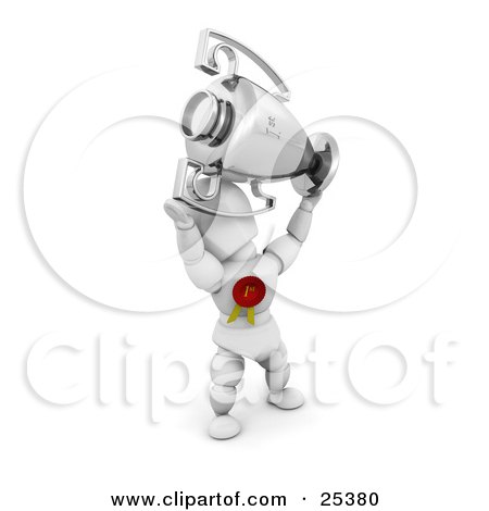 Clipart Illustration of a Proud White Character Holding Up A Silver First Place Trophy Cup And Wearing A Red Ribbon by KJ Pargeter