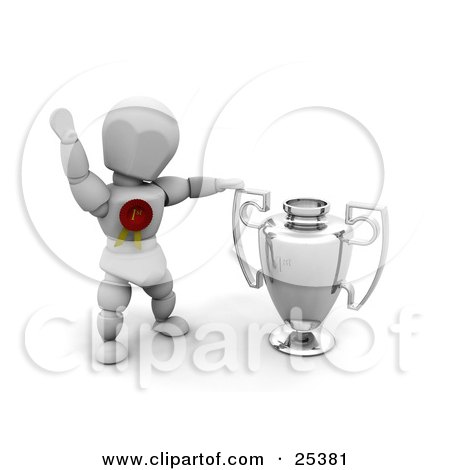 Clipart Illustration of a Successful White Character Wearing A Red First Place Ribbon, Waving And Standing By A Silver Trophy Cup by KJ Pargeter