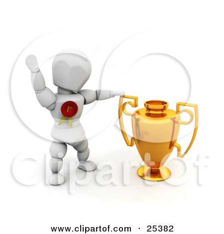 Clipart Illustration of a Successful White Character Wearing A Red First Place Ribbon, Waving And Standing By A Golden Trophy Cup by KJ Pargeter
