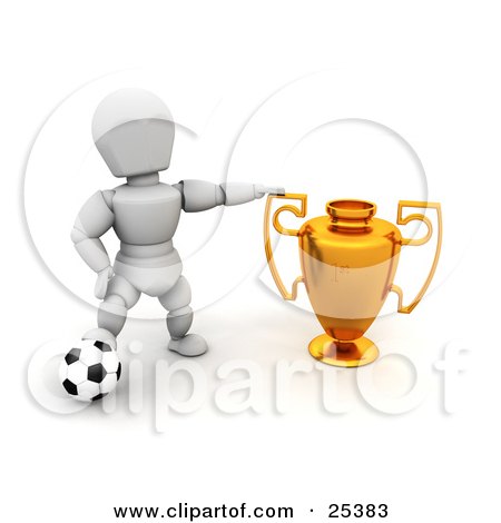 Clipart Illustration of a White Character Resting His Foot On A Soccer Ball And Proudly Displaying His Golden First Place Trophy by KJ Pargeter