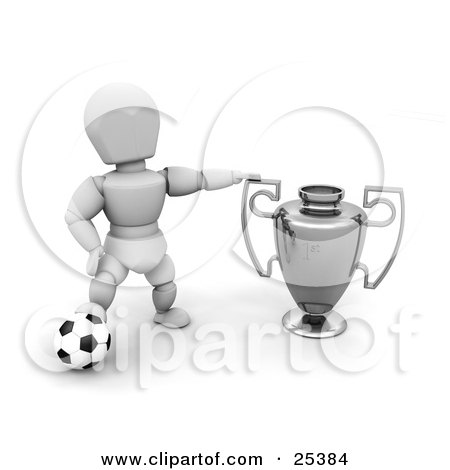 Clipart Illustration of a White Character Resting His Foot On A Soccer Ball And Proudly Displaying His Silver First Place Trophy by KJ Pargeter