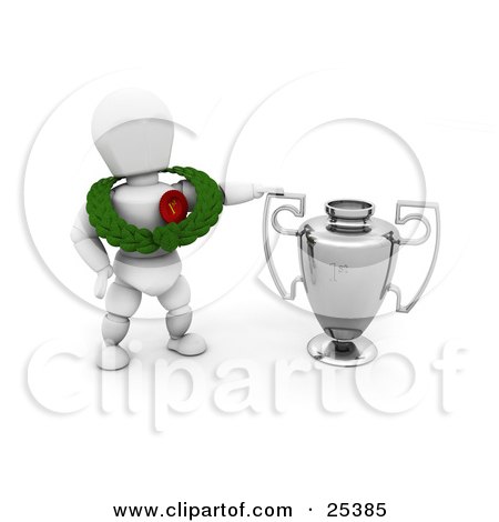 Clipart Illustration of a White Character Wearing A Green Leaf Garland And A First Place Ribbon And Standing By A Silver Trophy Cup by KJ Pargeter