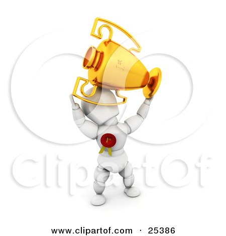 Clipart Illustration of a Proud White Character Holding Up A Golden First Place Trophy Cup And Wearing A Red Ribbon by KJ Pargeter