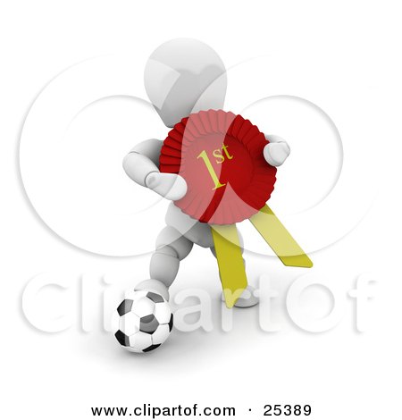 Clipart Illustration of a White Character Resting His Foot On A Soccer Ball And Holding His Red First Place Ribbon by KJ Pargeter