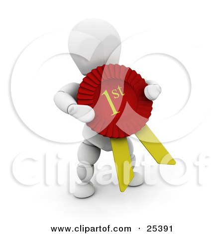 Clipart Illustration of a White Character Holding A Large Red And Yellow First Place Ribbon by KJ Pargeter