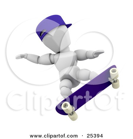 Clipart Illustration of a White Character With A Blue Hat, Holding His Arms Out For Balance While Skateboarding by KJ Pargeter