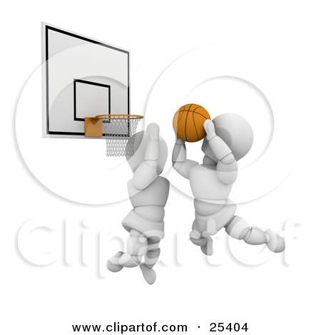 Clipart Illustration of a White Character Leaping To Block An Opponent From Scoring During A Basketball Game by KJ Pargeter