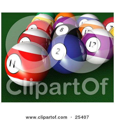 Clipart Illustration of Racked Billiards Pool Balls On The Green Of A Table by KJ Pargeter