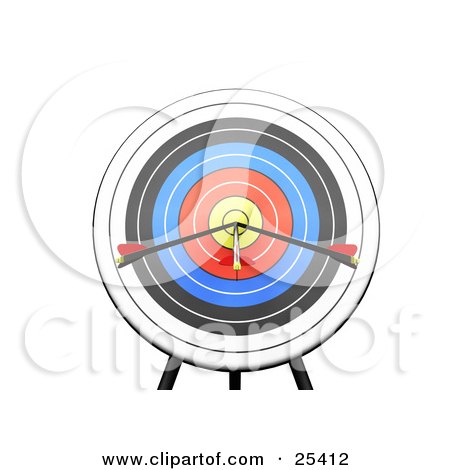 Clipart Illustration of Three Arrows Smack In The Center Of A Target by KJ Pargeter