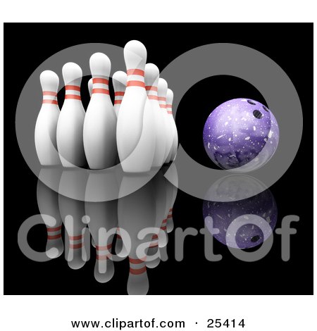 Clipart Illustration of a Purple Bowling Ball Rolling Towards Ten White Pins With Red Rings, Over A Reflective Black Background by KJ Pargeter