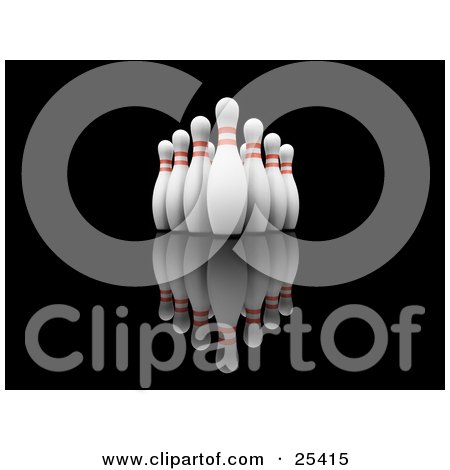 Clipart Illustration of Ten White Bowling Pins With Red Rings, Positioned Upright In The Alley, Over A Reflective Black Background by KJ Pargeter