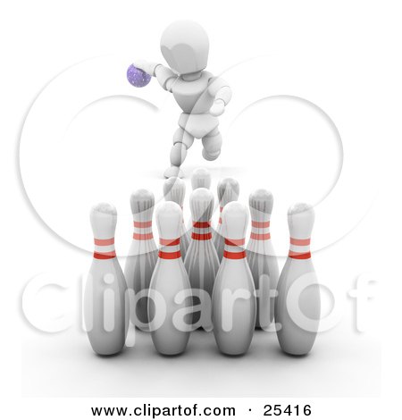 Clipart Illustration of a Bowling White Character About To Release A Purple Ball To Knock Over Ten Pins At The End Of An Alley, On White by KJ Pargeter