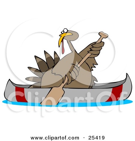 Clipart Illustration of a Thanksgiving Turkey Bird Escaping From Being Butchered While Paddling Away In A Canoe by djart