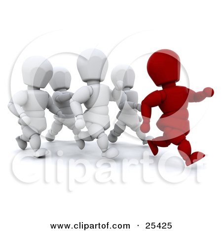 Clipart Illustration of a Running Red Figure Character Leading A Group Of White People by KJ Pargeter