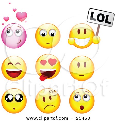 Clipart Illustration of a Group Of Infatuated, Laughing, Nervous, Hurt And Surprised Pink And Yellow Emoticon Faces by beboy