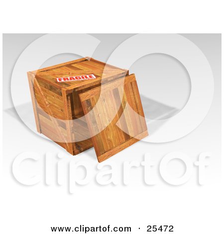 Clipart Illustration of a Heavy Duty Fragile Marked Wood Shipping Crate With The Lid Resting On Top by KJ Pargeter