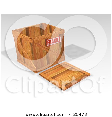 Clipart Illustration of a Fragile Marked Heavy Duty Wooden Shipping Crate With The Lid On The Ground by KJ Pargeter