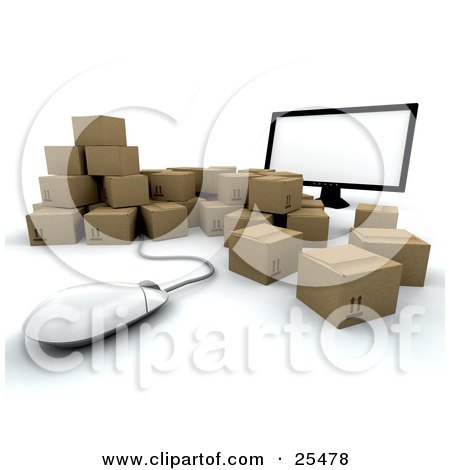 Clipart Illustration of a Group Of Cardboard Boxes Surrounding A Computer Screen And Mouse by KJ Pargeter