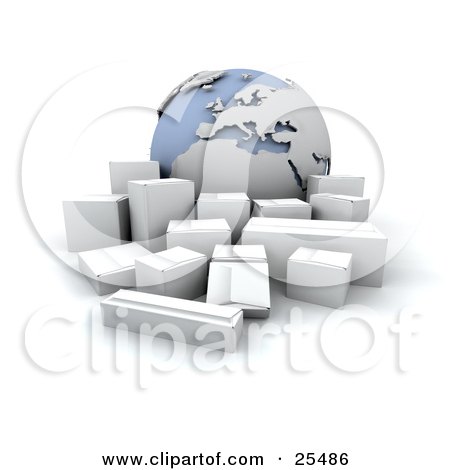 Clipart Illustration of a Group Of White Shipping Boxes In Front Of A Globe Featuring Europe by KJ Pargeter