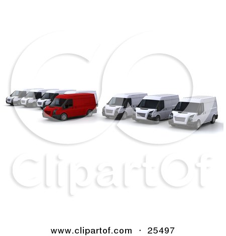 Clipart Illustration of a Row Of White Delivery Vans With One Red One Pulled Out A Little by KJ Pargeter