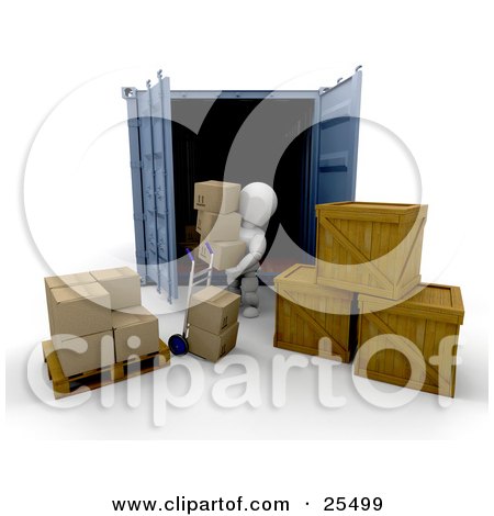 Clipart Illustration of a White Character Unloading Cardboard Boxes And Crates From A Cargo Container by KJ Pargeter