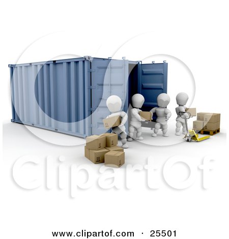 Clipart Illustration of White Characters Working Together To Move A Shipment Of Boxes From A Freight Container To A Pallet Truck by KJ Pargeter