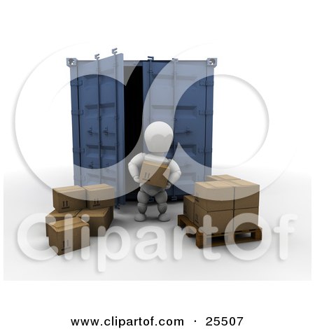 Clipart Illustration of a White Character Unloading Cardboard Boxes From A Blue Freight Container And Stacking Them On A Pallet by KJ Pargeter