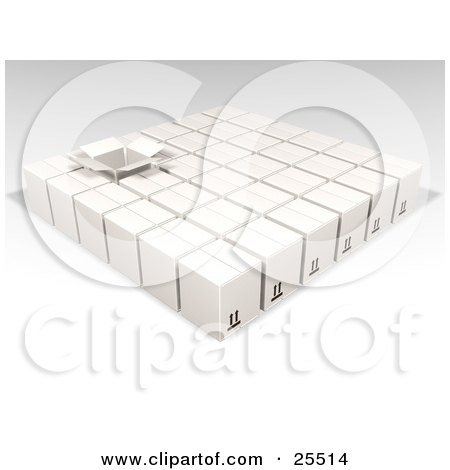 Clipart Illustration of One Opened Box In Rows Of Sealed White Cardboard Boxes Ready For Shipment by KJ Pargeter