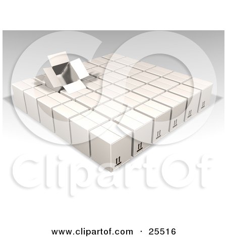 Clipart Illustration of an Opened Box Sticking Out Of Rows Of Sealed White Cardboard Boxes Ready For Shipment by KJ Pargeter