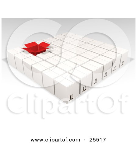 Clipart Illustration of One Opened Red Box In Rows Of Sealed White Cardboard Boxes Ready For Shipment by KJ Pargeter