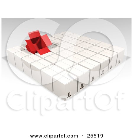 Clipart Illustration of an Opened Red Box Sticking Out Of Rows Of Sealed White Cardboard Boxes Ready For Shipment by KJ Pargeter