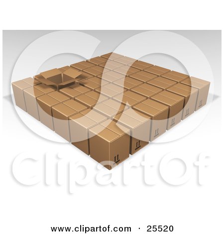 Clipart Illustration of One Opened Box In Rows Of Sealed Brown Cardboard Boxes Ready For Shipment by KJ Pargeter