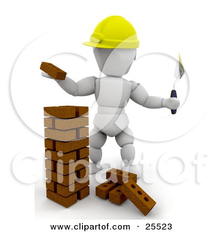 White Character Bricklaying Worker Wearing A Hard Hat Stacking Bricks Posters, Art Prints