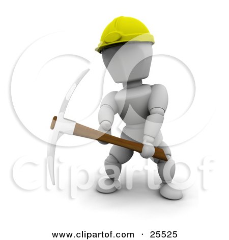 Clipart Illustration of a White Character Construction Worker In A Yellow Hardhat, Working With A Pickaxe by KJ Pargeter