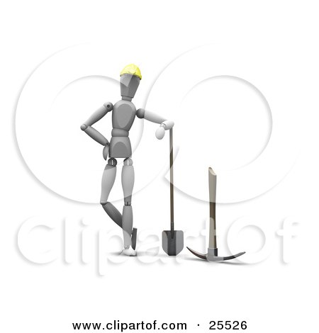 Clipart Illustration of a White Figure Character In A Hardhat, Leaning On A Shovel And Standing By A Pickaxe by KJ Pargeter