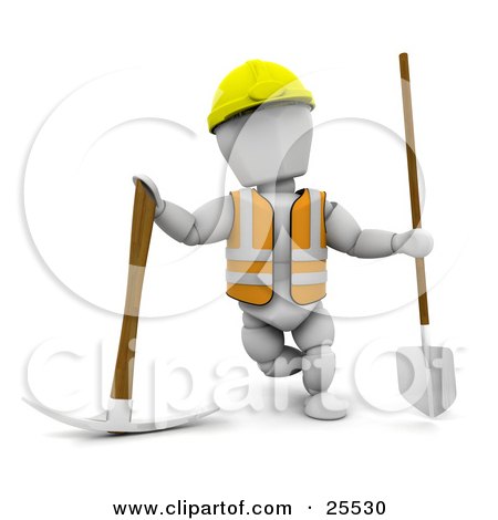 Clipart Illustration of a White Character Construction Worker Wearing A Hard Hat And Vest, Standing With A Pickaxe And Shovel by KJ Pargeter