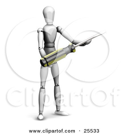 Clipart Illustration of a White Figure Character Holding A Screwdriver Tool by KJ Pargeter