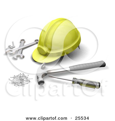 Clipart Illustration of a Yellow Hardhat With Wrenches, A Screwdriver, Hammer And Nails by KJ Pargeter