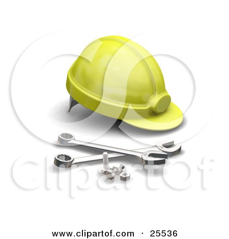Clipart Illustration of a Yellow Hardhat With Bolts and Wrenches by KJ Pargeter