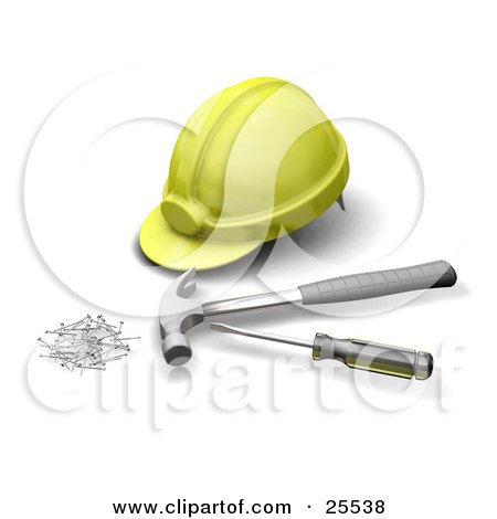 Clipart Illustration of a Yellow Hardhat, Nails, Screwdriver And A Hammer by KJ Pargeter