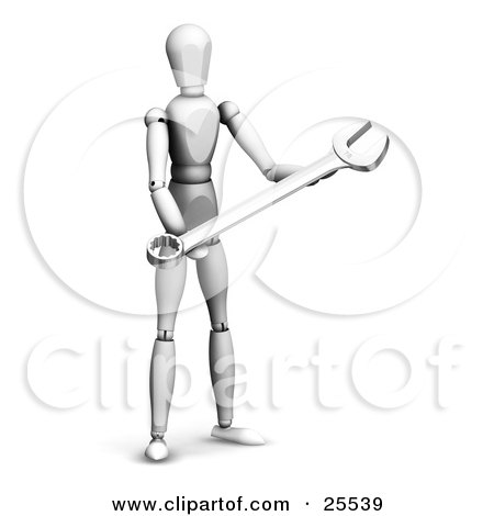 Clipart Illustration of a White Figure Character Holding A Spanner Tool by KJ Pargeter