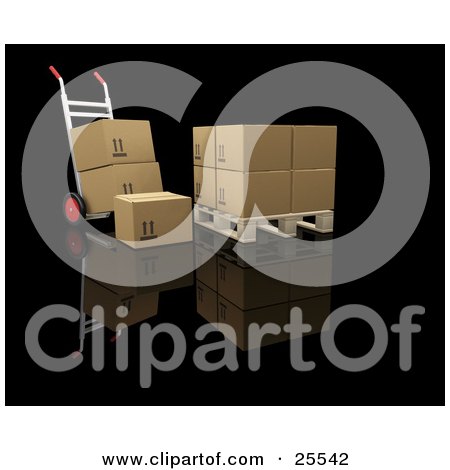 Clipart Illustration of a Dolly With Boxes, Parked By A Pallet With Cardboard Boxes by KJ Pargeter
