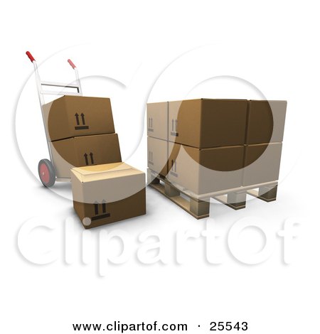 Clipart Illustration of a Hand Truck With Boxes, Parked By A Pallet With Cardboard Boxes by KJ Pargeter